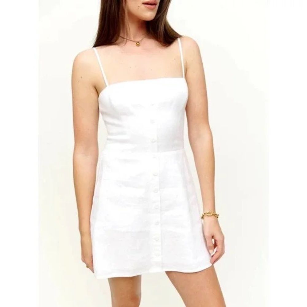 REFORMATION Huckleberry Linen Button Front Mini Dress in White - Picture 4 of 14